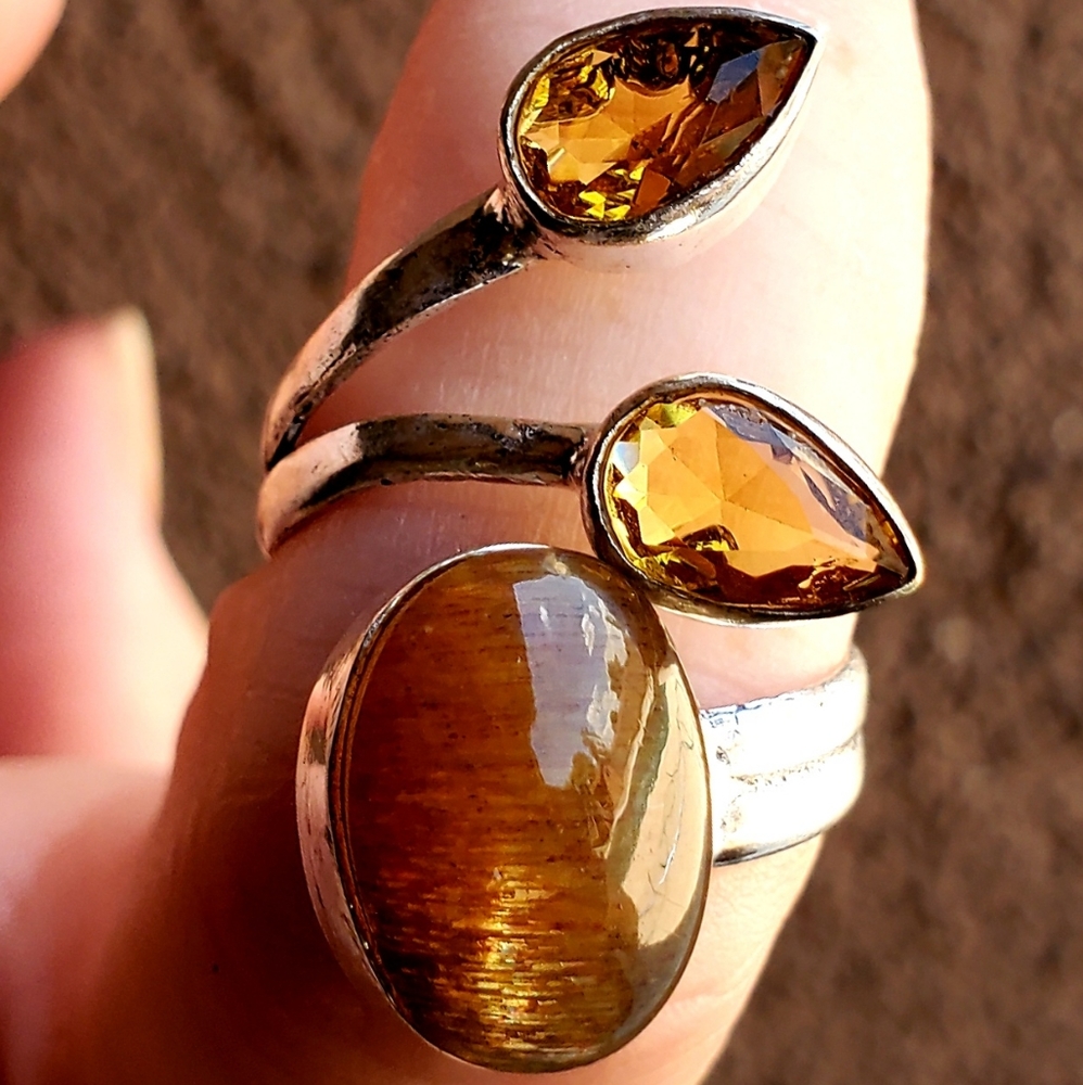 New Silver Sheen Obsidian & Citrine Open Cuff 925 Silver Ring. - Picture 1 of 16